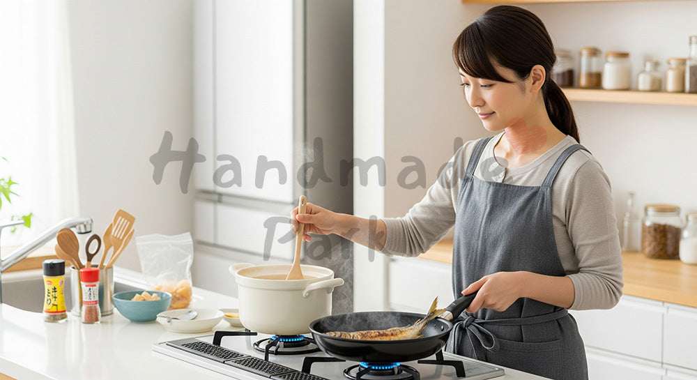 フリー素材 無料 写真｜味噌汁と焼き魚の朝食をキッチンで自炊する日本人女性（表現3）