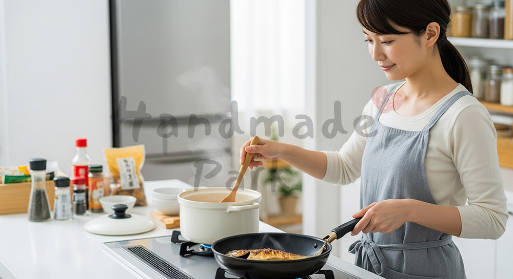 フリー素材 無料 写真｜味噌汁と焼き魚の朝食をキッチンで自炊する日本人女性（表現1）