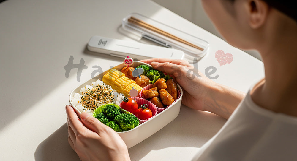 フリー素材 無料 写真｜高校生の子どものために彩りの良いお弁当を詰める日本人母親の手元シーン（表現2）