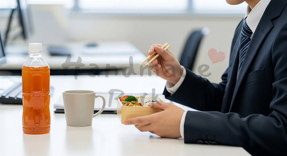 フリー素材 無料 写真｜オフィスのデスクでお弁当ランチを楽しむ日本人ビジネスパーソン（表現10）