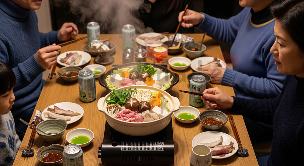 フリー素材 無料 写真｜湯気の立つ寄せ鍋を家族で囲む日本人家庭の冬の食卓（表現9）