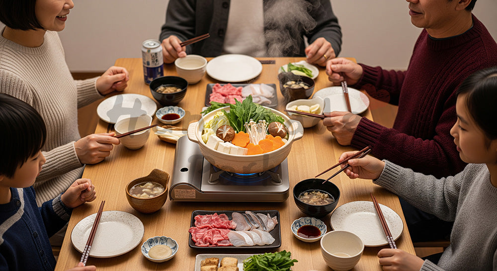 フリー素材 無料 写真｜湯気の立つ寄せ鍋を家族で囲む日本人家庭の冬の食卓（表現8）