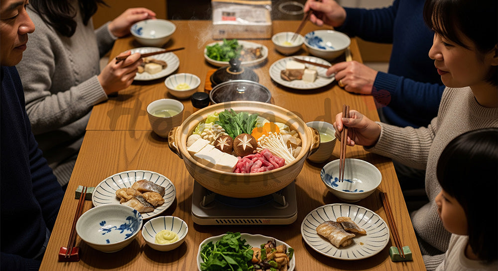 フリー素材 無料 写真｜湯気の立つ寄せ鍋を家族で囲む日本人家庭の冬の食卓（表現7）