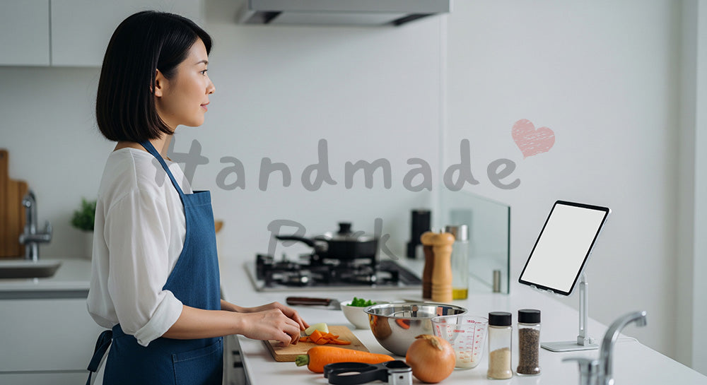 フリー素材 無料 写真｜タブレットでオンライン料理教室を受けながら自宅キッチンで調理する日本人女性（表現7）