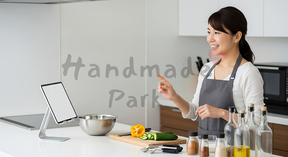 フリー素材 無料 写真｜タブレットでオンライン料理教室を受けながら自宅キッチンで調理する日本人女性（表現6）