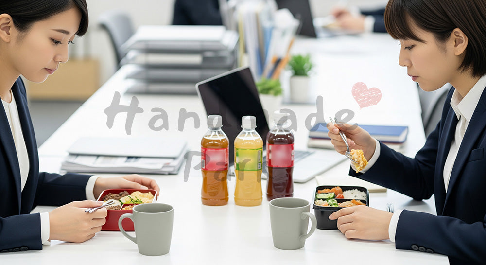 フリー素材 無料 写真｜オフィスのデスクでお弁当ランチを楽しむ日本人ビジネスパーソン（表現7）