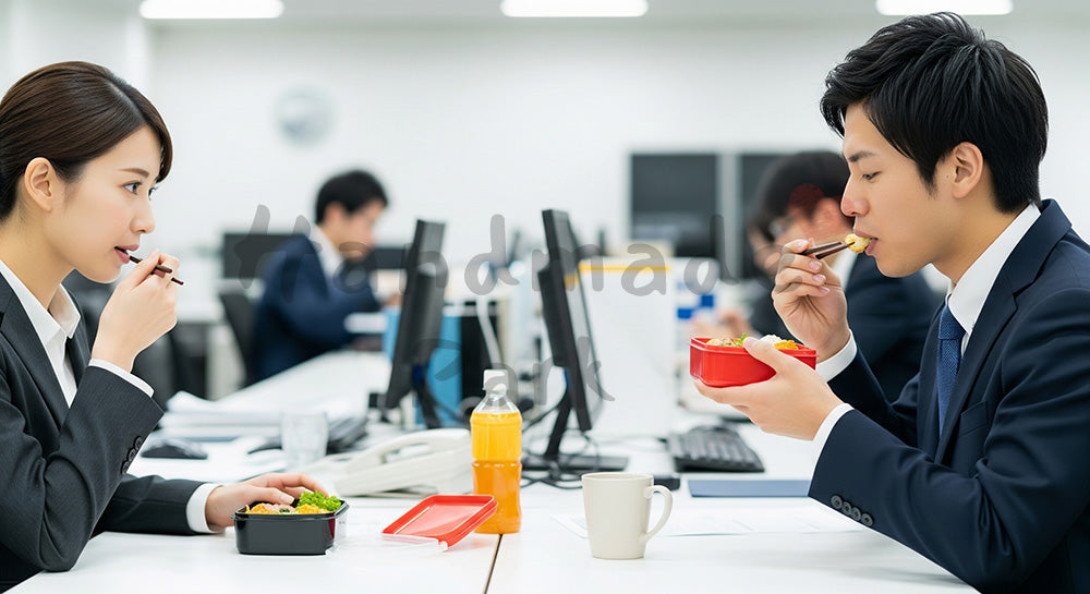 フリー素材 無料 写真｜オフィスのデスクでお弁当ランチを楽しむ日本人ビジネスパーソン（表現5）