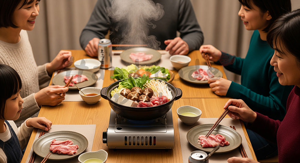 フリー素材 無料 写真｜湯気の立つ寄せ鍋を家族で囲む日本人家庭の冬の食卓（表現5）