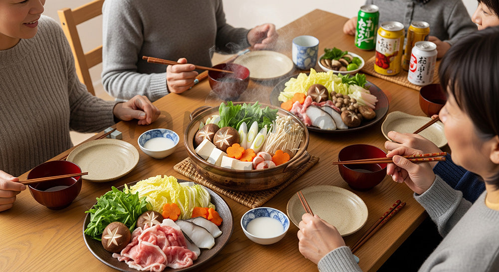 フリー素材 無料 写真｜湯気の立つ寄せ鍋を家族で囲む日本人家庭の冬の食卓（表現4）
