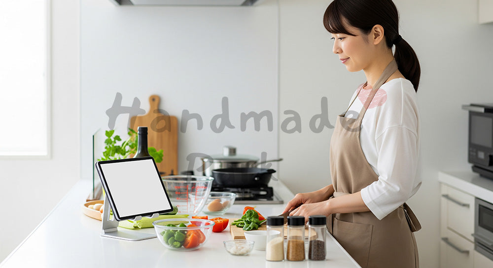 フリー素材 無料 写真｜タブレットでオンライン料理教室を受けながら自宅キッチンで調理する日本人女性（表現2）