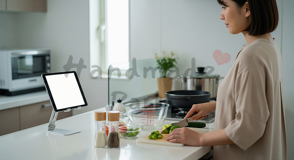 フリー素材 無料 写真｜タブレットでオンライン料理教室を受けながら自宅キッチンで調理する日本人女性（表現1）