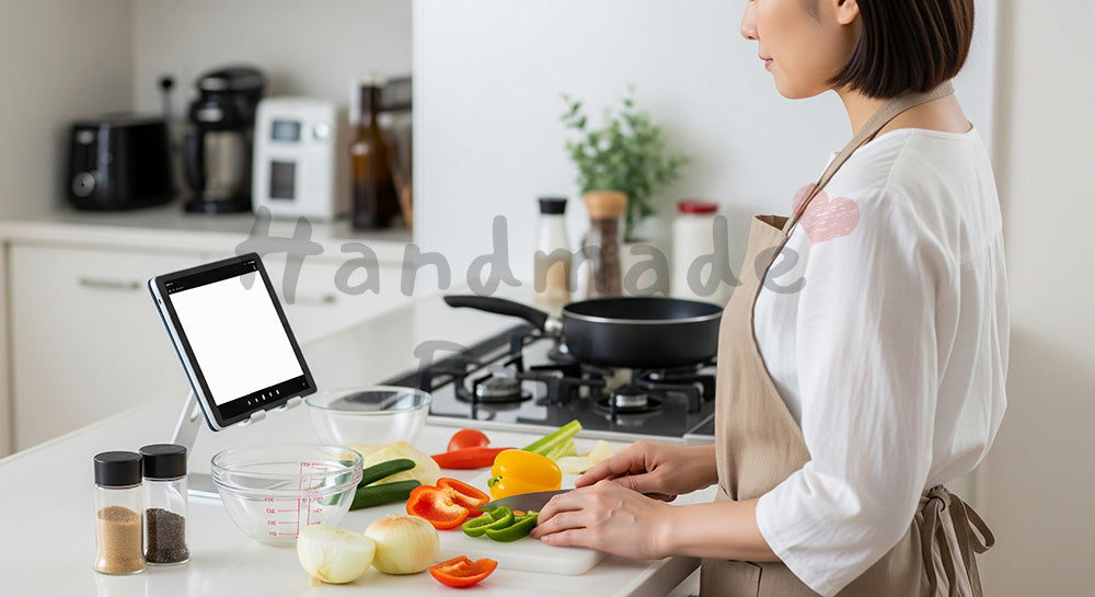 フリー素材 無料 写真｜タブレットでオンライン料理教室を受けながら自宅キッチンで調理する日本人女性 コピースペースあり
