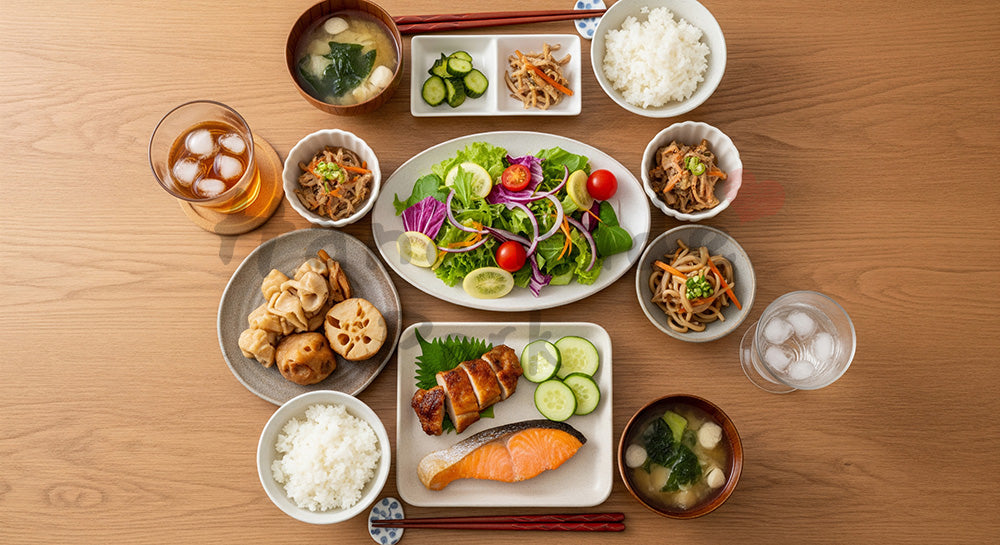 フリー素材 無料 写真｜木目テーブルに和洋折衷の家庭夕食が並ぶフラットレイ（人物なし）（表現2）