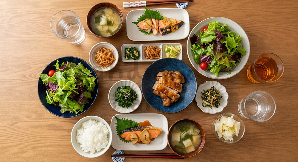 フリー素材 無料 写真｜木目テーブルに和洋折衷の家庭夕食が並ぶフラットレイ（人物なし）（表現1）