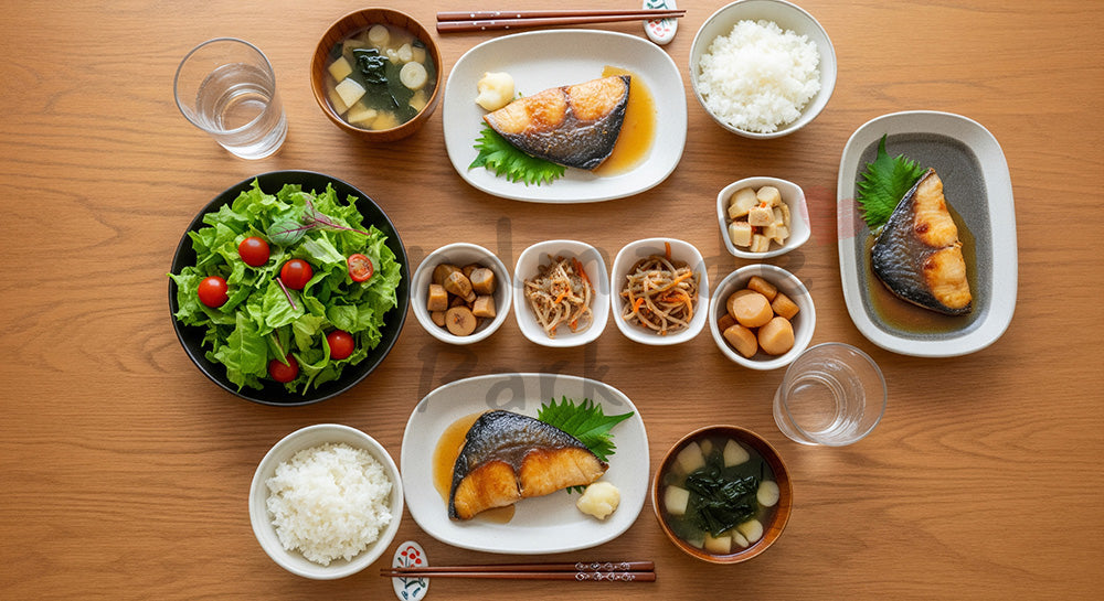 フリー素材 無料 写真｜木目テーブルに和洋折衷の家庭夕食が並ぶフラットレイ（人物なし） コピースペースあり