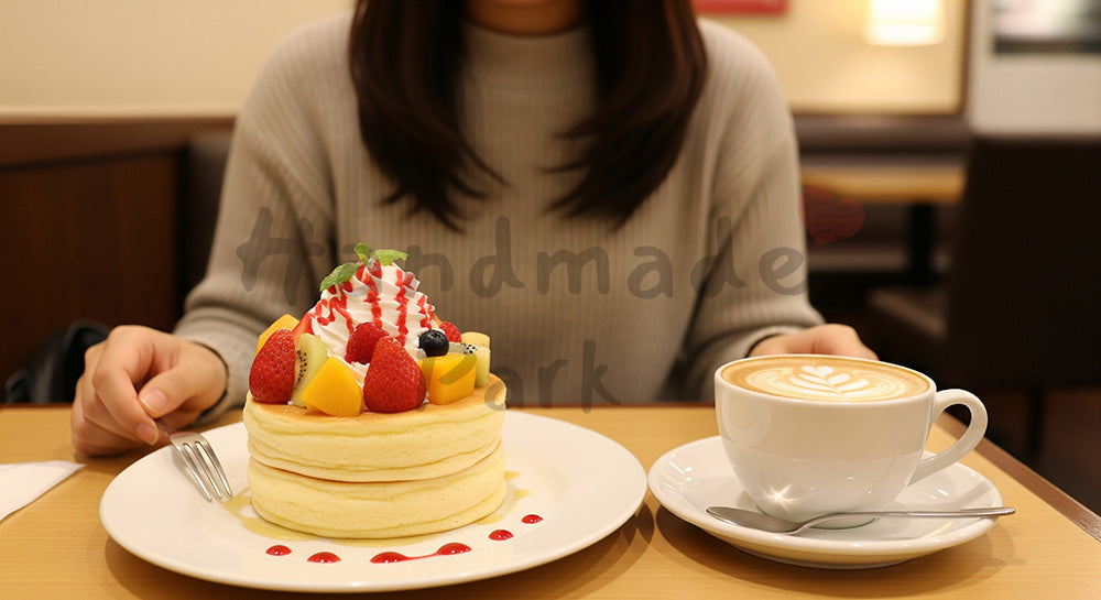 フリー素材 無料 写真｜パンケーキとカフェラテを楽しむ日本人女性のカフェスイーツシーン（表現2）