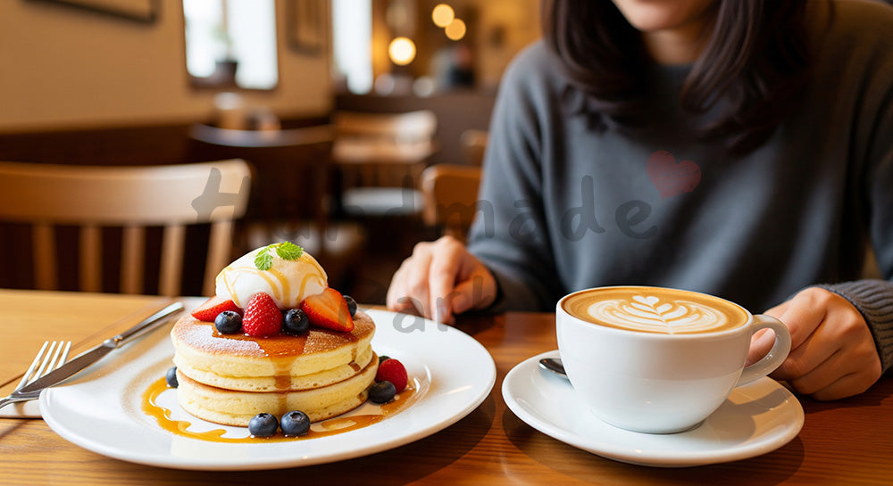 フリー素材 無料 写真｜パンケーキとカフェラテを楽しむ日本人女性のカフェスイーツシーン コピースペースあり