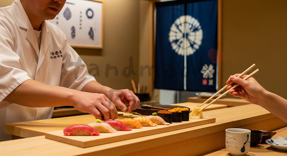 フリー素材 無料 写真｜カウンター越しに握り寿司を並べる板前の手元シーン（日本風寿司店）（表現1）