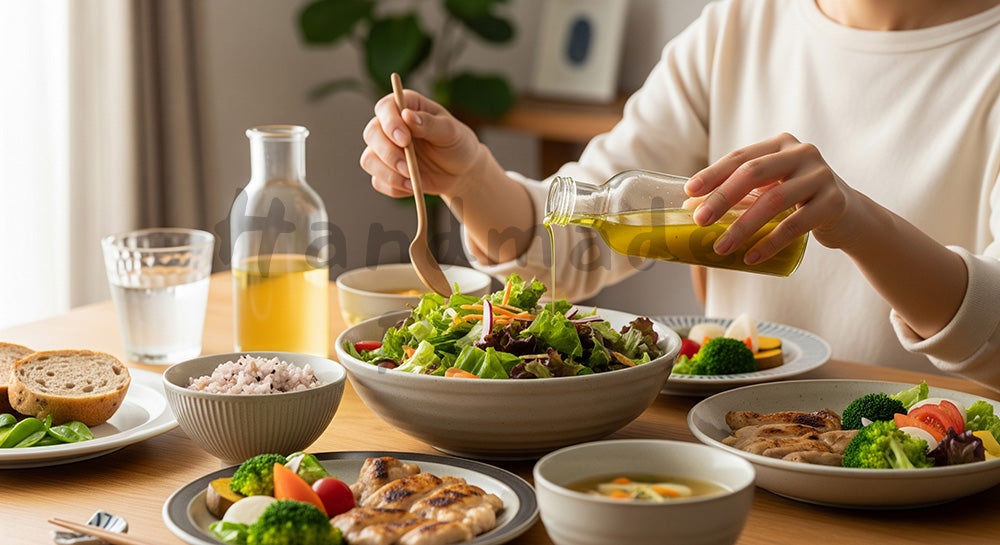 フリー素材 無料 写真｜サラダと雑穀ご飯が並ぶヘルシーな食卓でドレッシングをかける日本人女性（表現6）