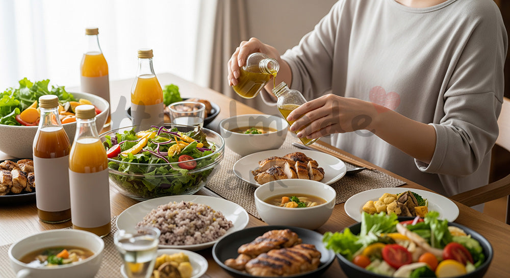 フリー素材 無料 写真｜サラダと雑穀ご飯が並ぶヘルシーな食卓でドレッシングをかける日本人女性（表現4）