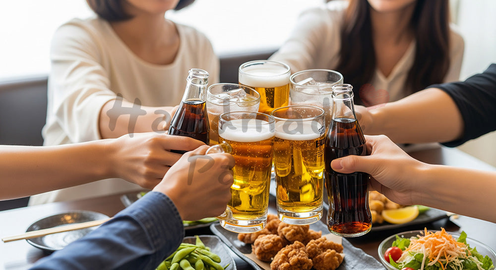 フリー素材 無料 写真｜居酒屋風テーブルでグラスを合わせて乾杯する日本人友人グループの飲み会シーン（表現6）