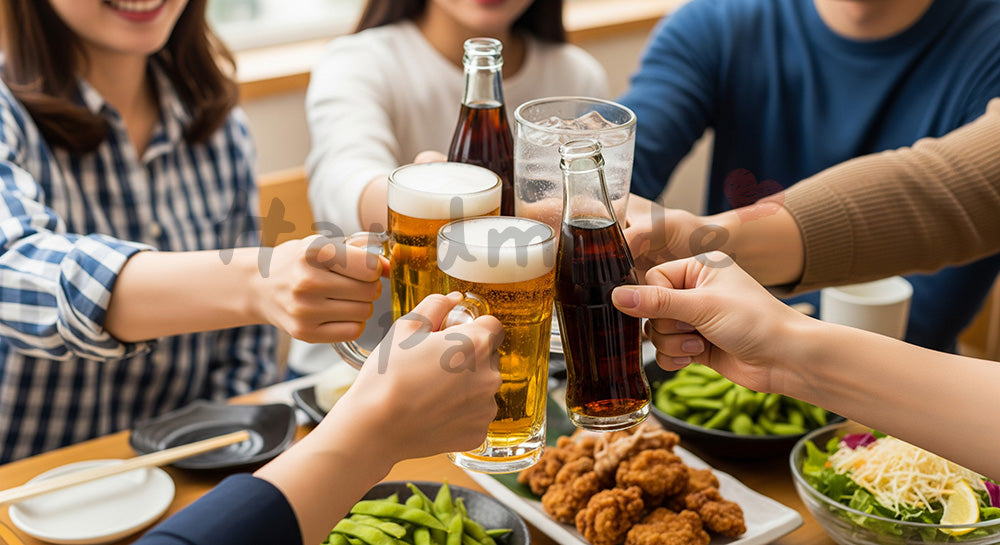 フリー素材 無料 写真｜居酒屋風テーブルでグラスを合わせて乾杯する日本人友人グループの飲み会シーン（表現5）