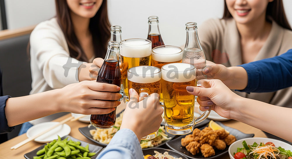 フリー素材 無料 写真｜居酒屋風テーブルでグラスを合わせて乾杯する日本人友人グループの飲み会シーン（表現4）