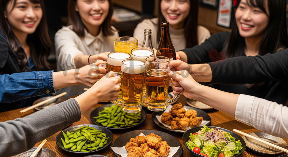 フリー素材 無料 写真｜居酒屋風テーブルでグラスを合わせて乾杯する日本人友人グループの飲み会シーン（表現2）