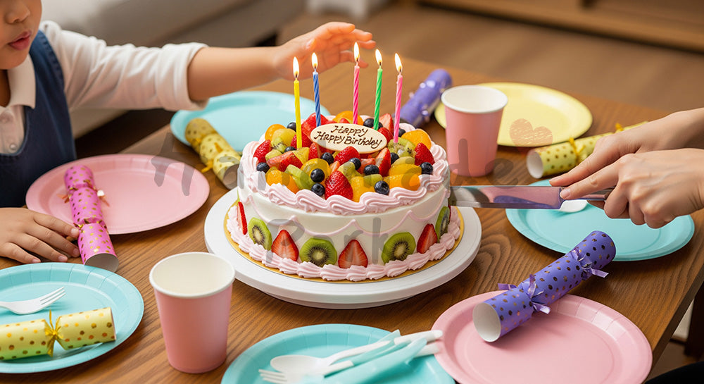 フリー素材 無料 写真｜ホールケーキが主役の日本人家庭の子ども誕生日パーティー食卓シーン（表現3）