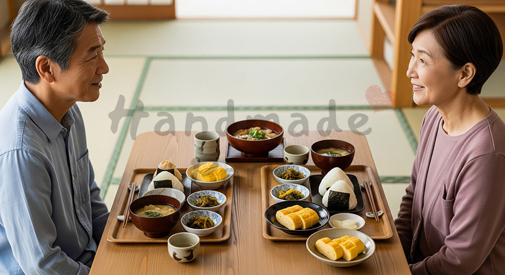 フリー素材 無料 写真｜おにぎりや味噌汁を並べた和食ランチを夫婦で囲む日本人シニア夫婦の食卓シーン（表現2）