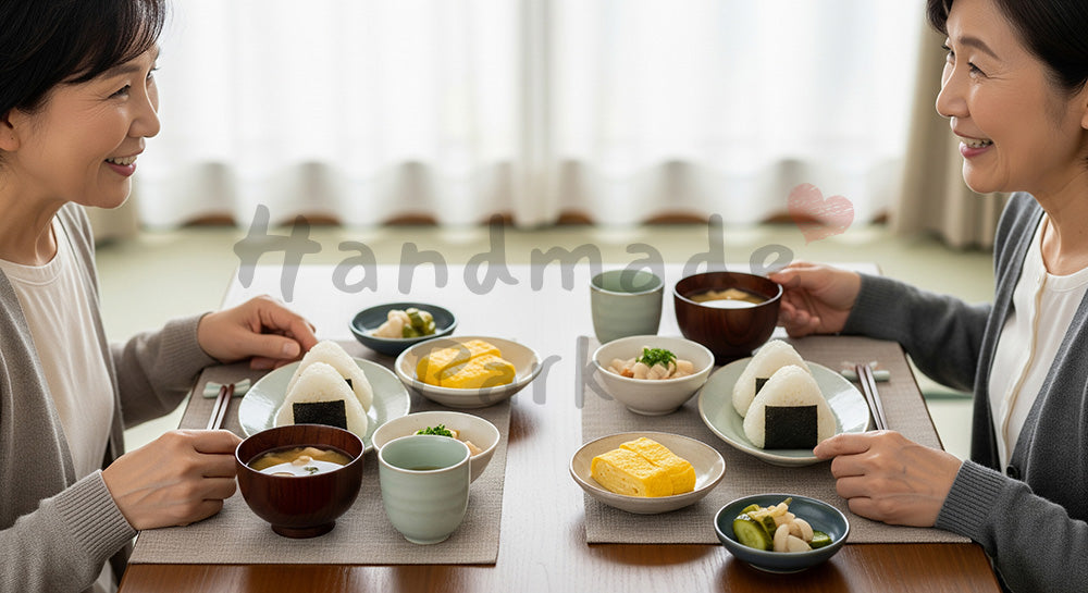 フリー素材 無料 写真｜おにぎりや味噌汁を並べた和食ランチを夫婦で囲む日本人シニア夫婦の食卓シーン コピースペースあり