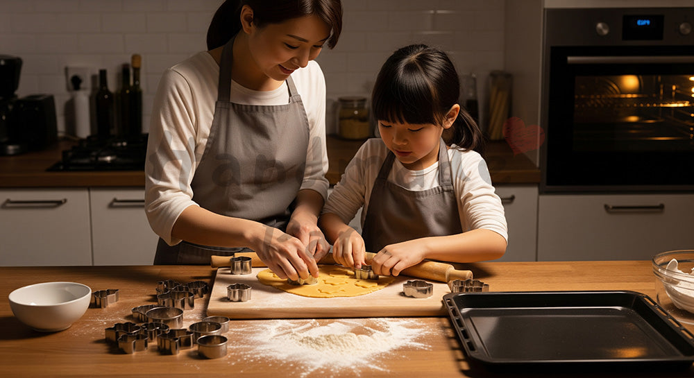 フリー素材 無料 写真｜親子でクッキー生地を型抜きする日本人家庭のお菓子作りシーン 余白あり
