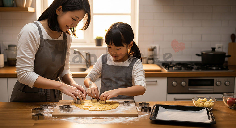 フリー素材 無料 写真｜親子でクッキー生地を型抜きする日本人家庭のお菓子作りシーン 写真背景
