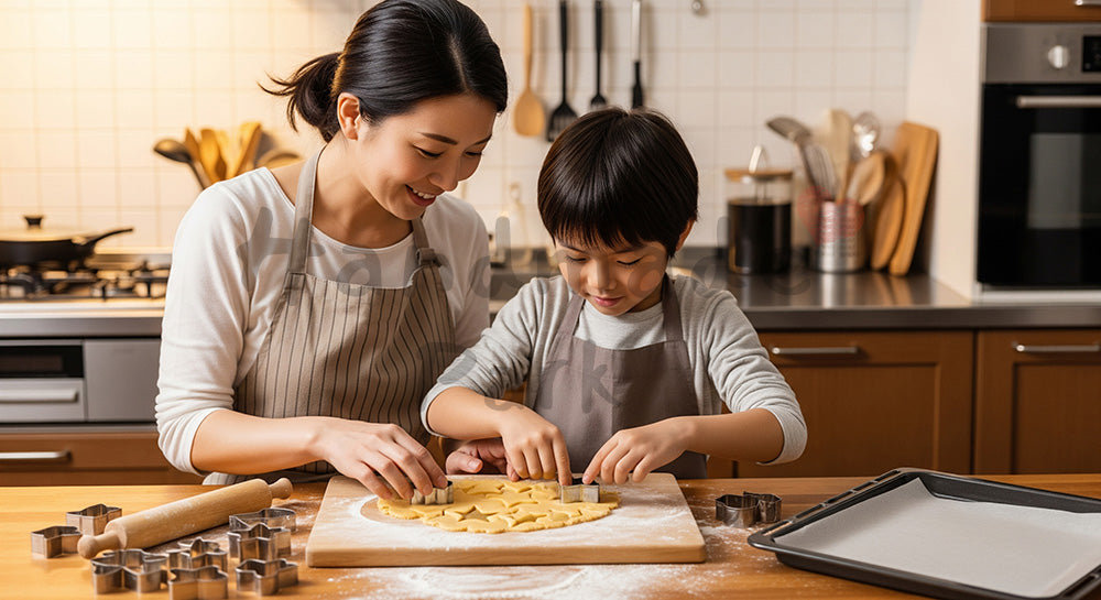 フリー素材 無料 写真｜親子でクッキー生地を型抜きする日本人家庭のお菓子作りシーン