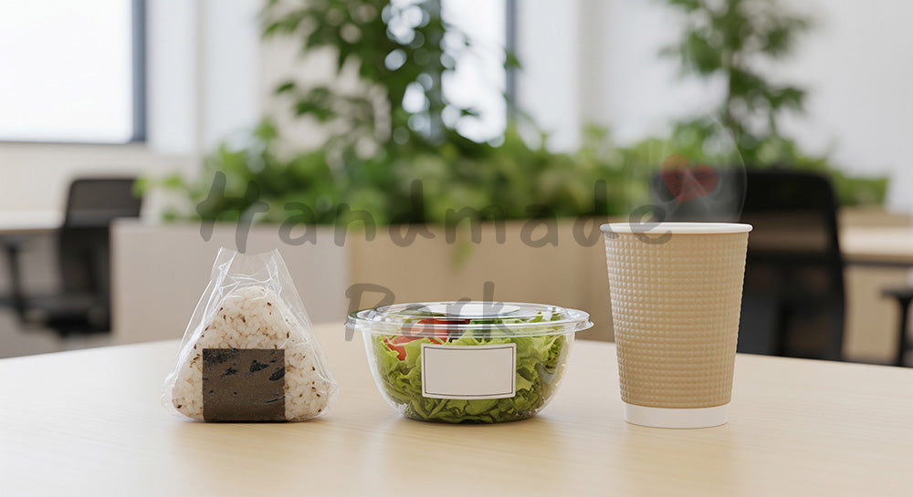 フリー素材 無料 写真｜オフィス休憩スペースのテーブルにコンビニ風おにぎりとコーヒーが並ぶ時短ランチイメージ 写真背景