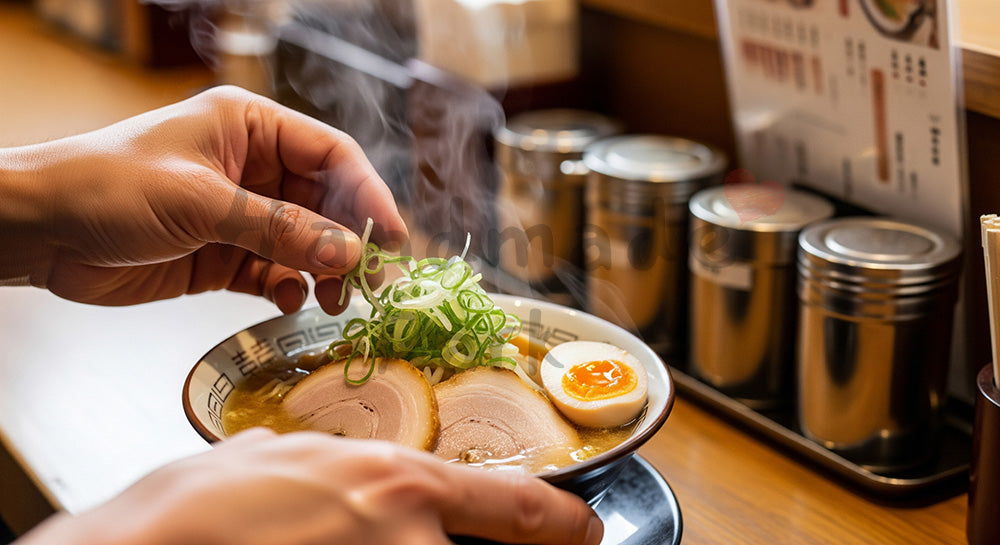 フリー素材 無料 写真｜カウンターでラーメンどんぶりにトッピングを載せる日本人男性の手元シーン（表現3）