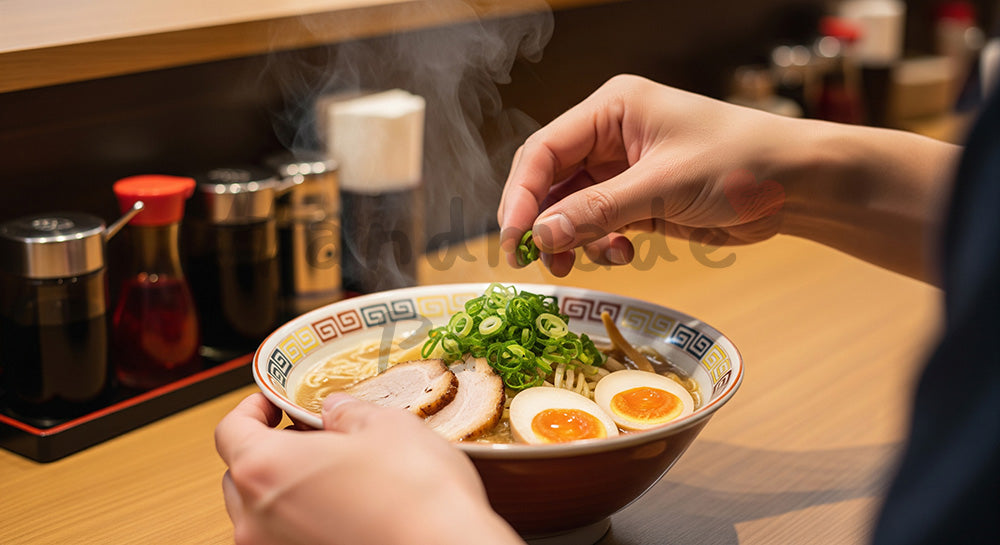 フリー素材 無料 写真｜カウンターでラーメンどんぶりにトッピングを載せる日本人男性の手元シーン（表現2）