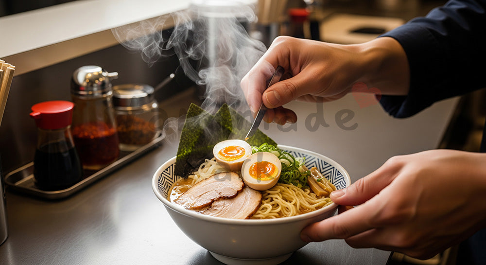 フリー素材 無料 写真｜カウンターでラーメンどんぶりにトッピングを載せる日本人男性の手元シーン（表現1）