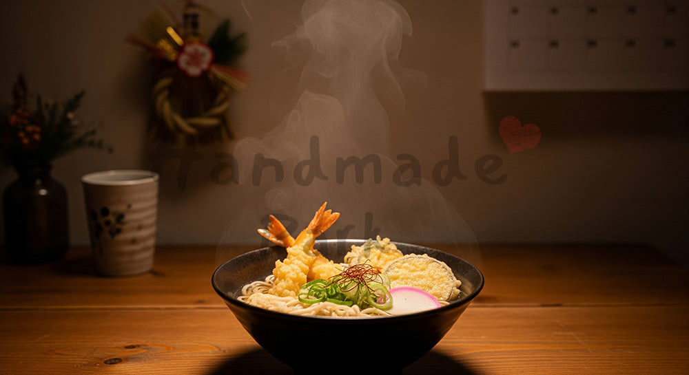 フリー素材 無料 写真｜湯気の立つ年越しそばが並ぶ日本人家庭の冬の食卓シーン 余白あり