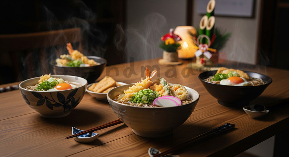 フリー素材 無料 写真｜湯気の立つ年越しそばが並ぶ日本人家庭の冬の食卓シーン 写真背景