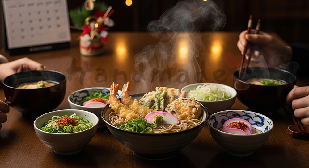 フリー素材 無料 写真｜湯気の立つ年越しそばが並ぶ日本人家庭の冬の食卓シーン 背景素材