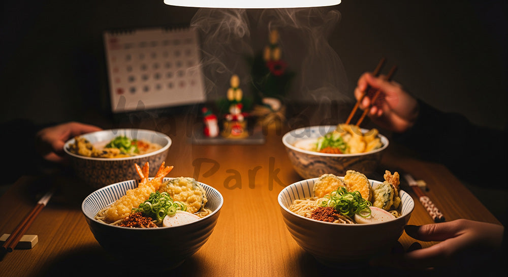 フリー素材 無料 写真｜湯気の立つ年越しそばが並ぶ日本人家庭の冬の食卓シーン