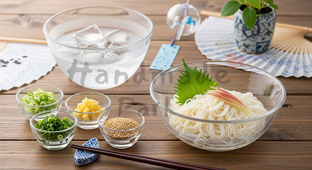 フリー素材 無料 写真｜ガラスの器に盛った冷やしそうめんと薬味を並べた日本の夏の食卓イメージ（人物なし）（表現3）