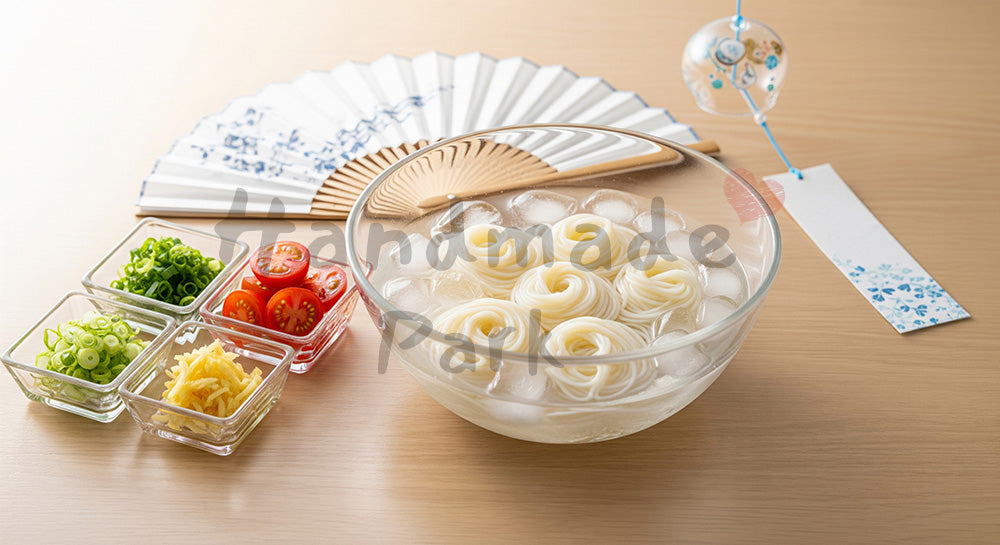 フリー素材 無料 写真｜ガラスの器に盛った冷やしそうめんと薬味を並べた日本の夏の食卓イメージ（人物なし）（表現2）