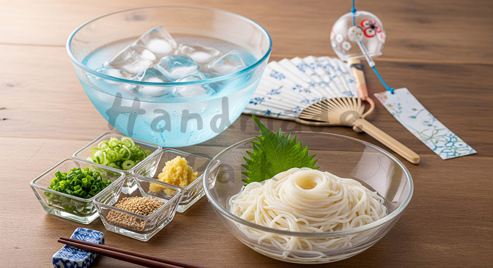 フリー素材 無料 写真｜ガラスの器に盛った冷やしそうめんと薬味を並べた日本の夏の食卓イメージ（人物なし）（表現1）