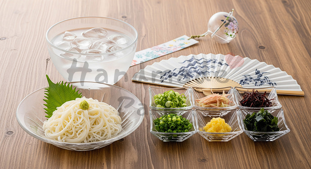 フリー素材 無料 写真｜ガラスの器に盛った冷やしそうめんと薬味を並べた日本の夏の食卓イメージ（人物なし） コピースペースあり