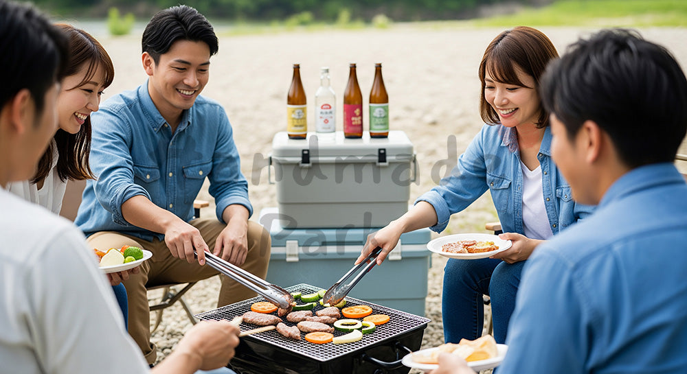 フリー素材 無料 写真｜屋外バーベキューグリルを日本人友人グループが囲んで肉や野菜を焼くシーン 余白あり