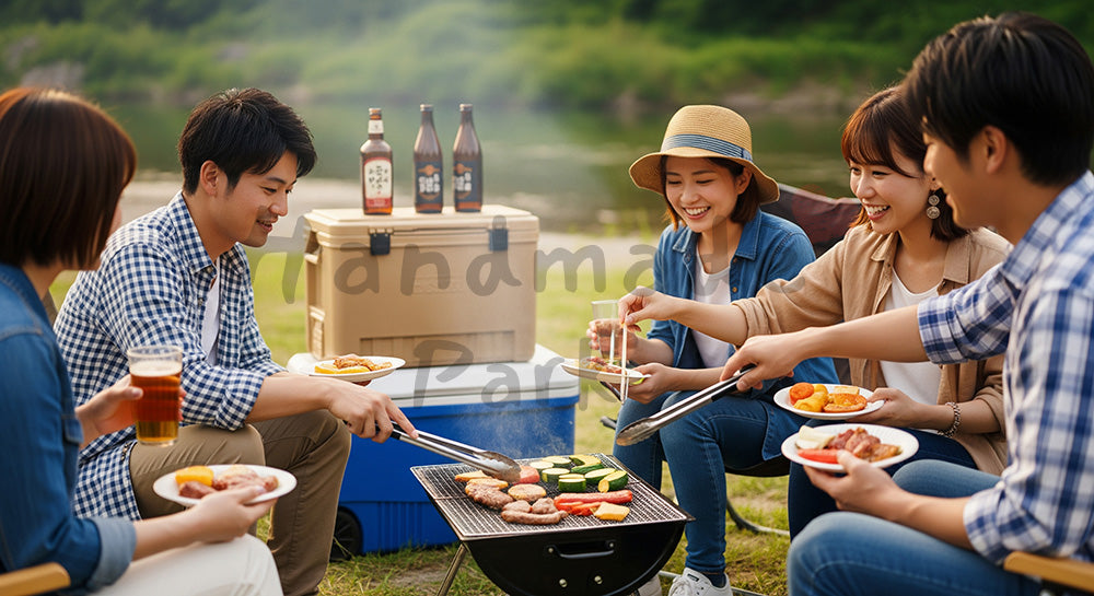 フリー素材 無料 写真｜屋外バーベキューグリルを日本人友人グループが囲んで肉や野菜を焼くシーン 写真背景