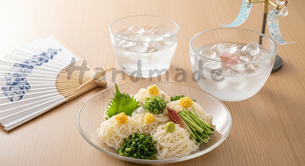 フリー素材 無料 写真｜ガラスの器に盛った冷やしそうめんと薬味を並べた日本の夏の食卓イメージ（人物なし） 写真背景