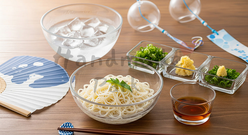 フリー素材 無料 写真｜ガラスの器に盛った冷やしそうめんと薬味を並べた日本の夏の食卓イメージ（人物なし） 背景素材